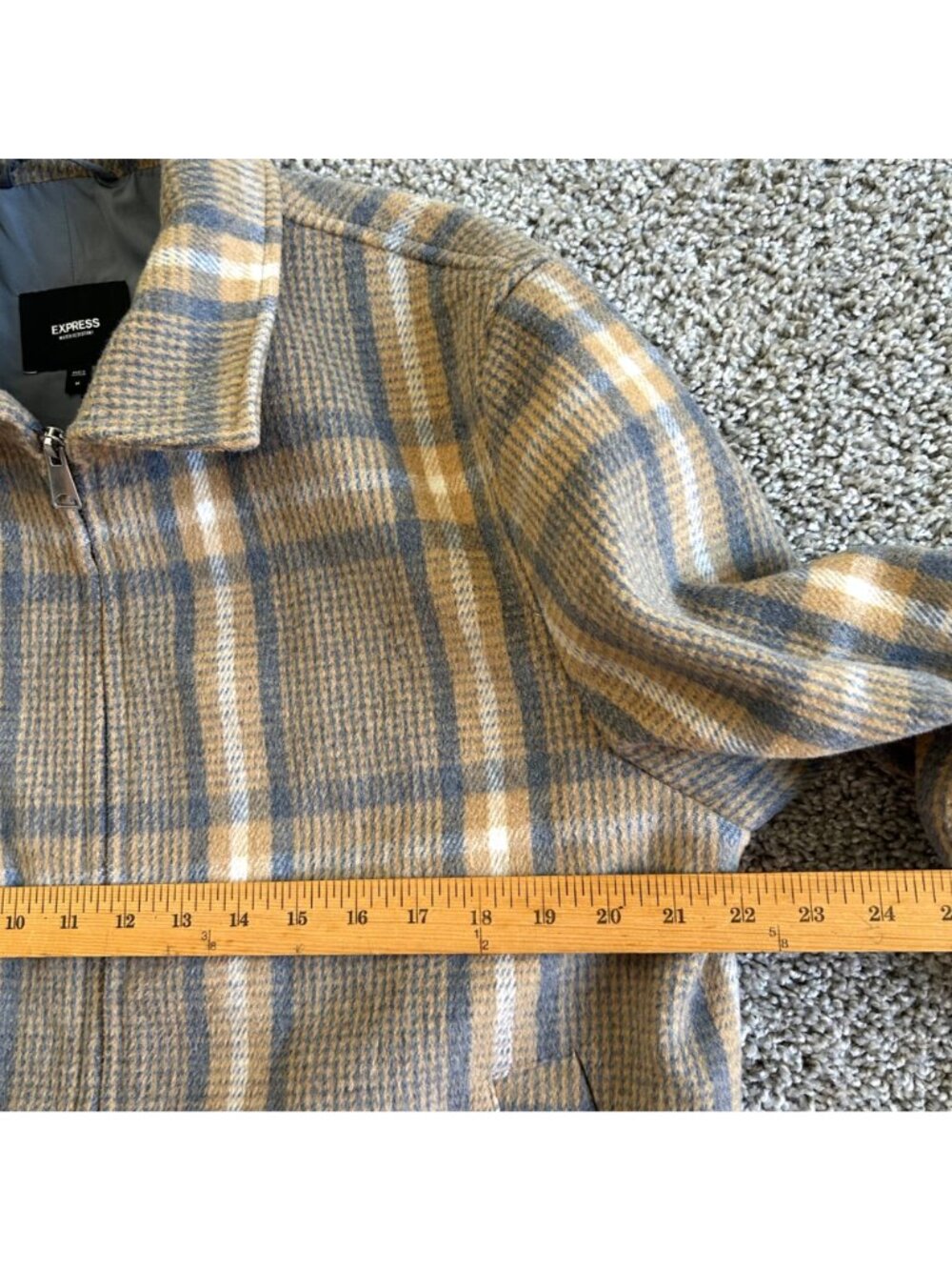 Express Men's Sz Medium Beige & Gray Plaid Bomber Jacket Water Resistant - Picture 7 of 9